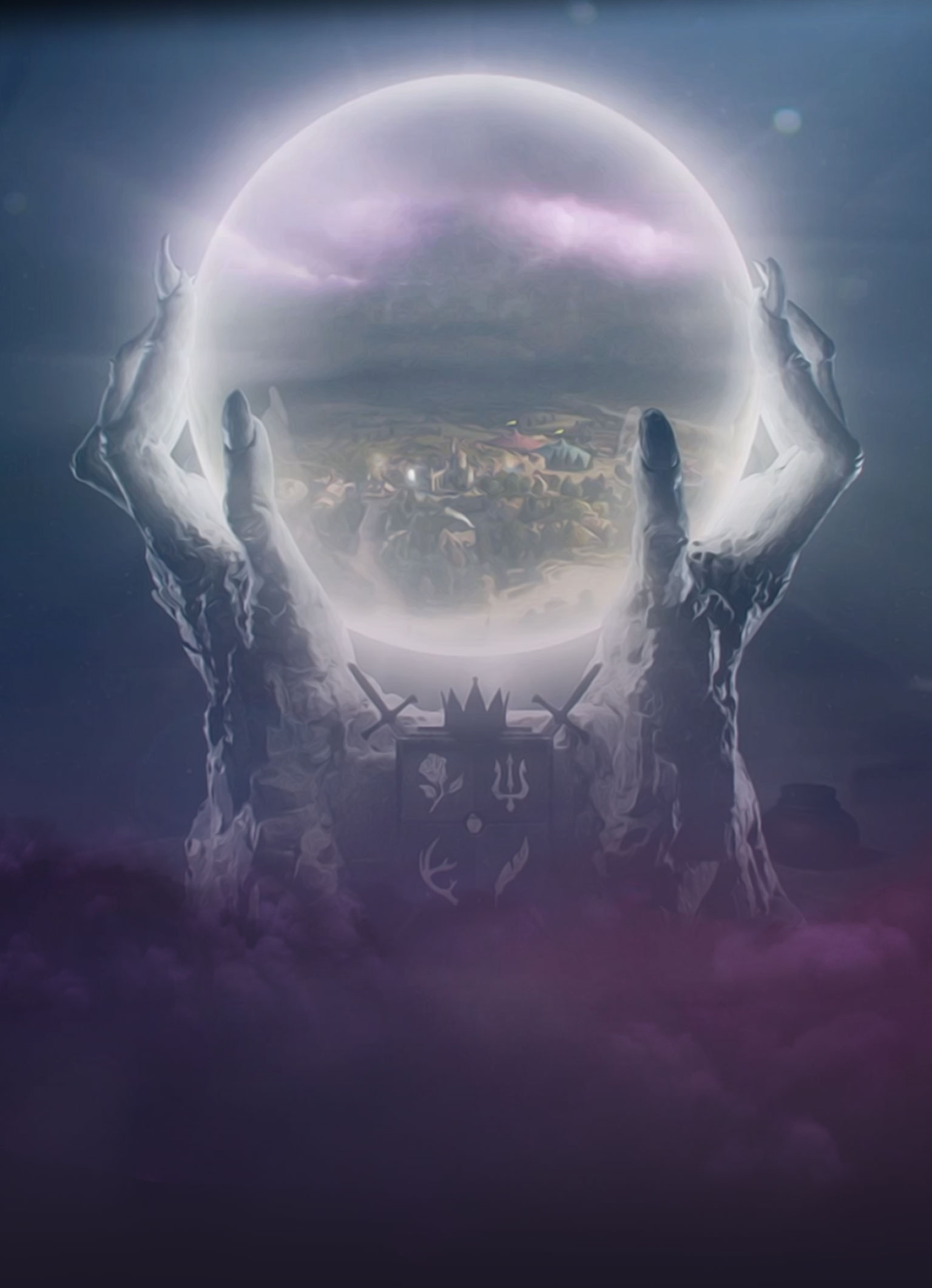 Stone hands hold a crystal ball with the image of New Fantasyland.